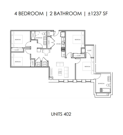 Floor plan for 4 beds, 2 baths, 1264 sqft